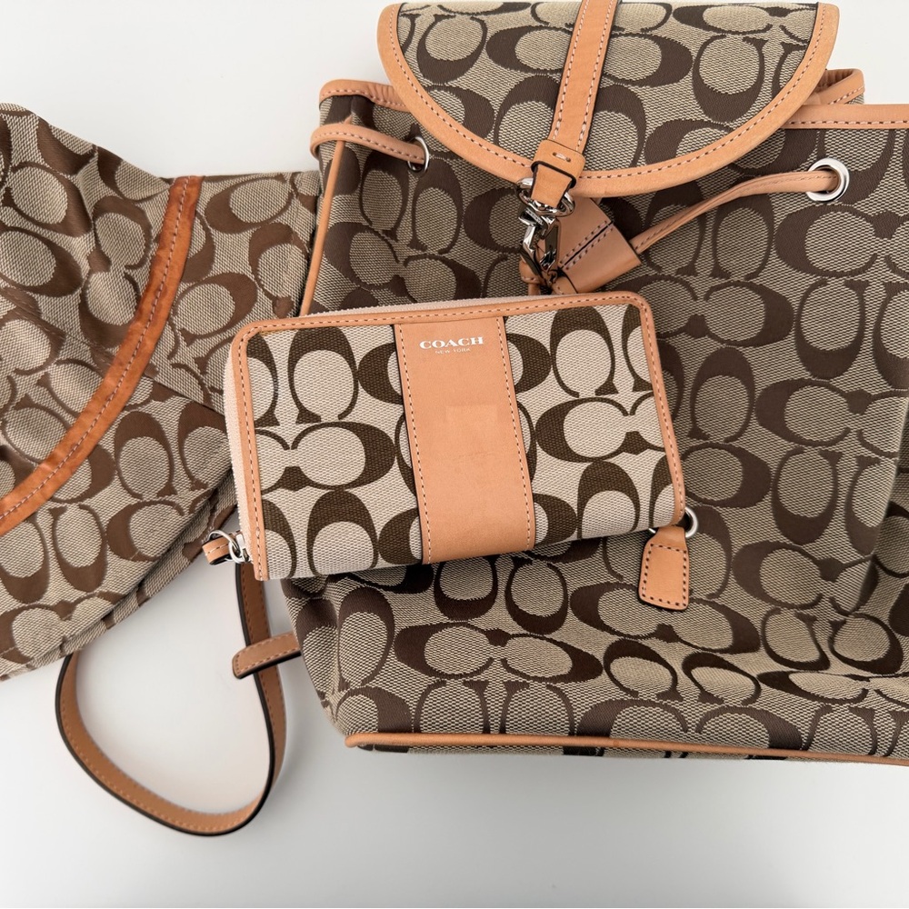 Coach Signature Bundle — Backpack, Wallet, Bucket Hat, Ring & Earrings